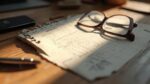 Cahier ouvert sur un bureau avec des lunettes et un crayon