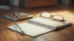 Cahier ouvert avec un stylo et des lunettes sur une table en bois