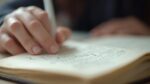 Gros plan sur une main tenant un stylo écrivant dans un livre ouvert