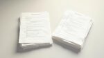 Pile de documents de synthèse sur un bureau blanc