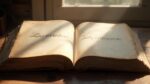 Image d'un ancien livre ouvert sur une table en bois, avec des inscriptions manuscrites sur les pages.