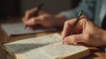 Gros plan des mains d'une personne écrivant dans un livre en papier.