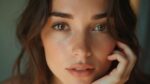 Gros plan sur le visage d'une femme aux yeux expressifs et des cheveux foncés.