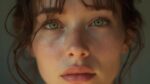 Gros plan sur le visage d'une jeune femme aux yeux verts et aux traits rêveurs