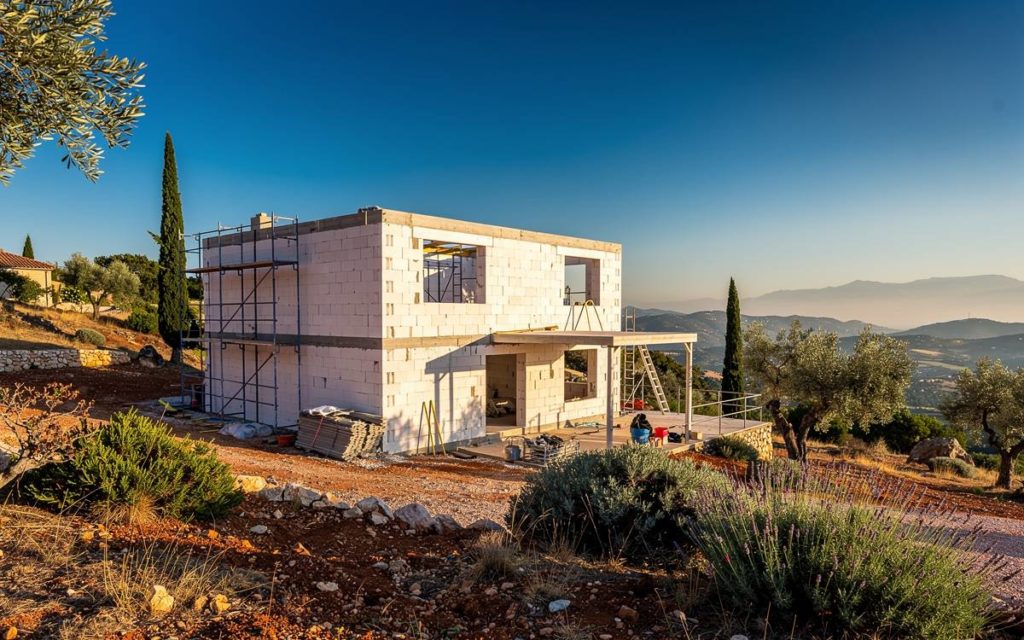 Maison en construction en béton cellulaire à la Roquebrussanne