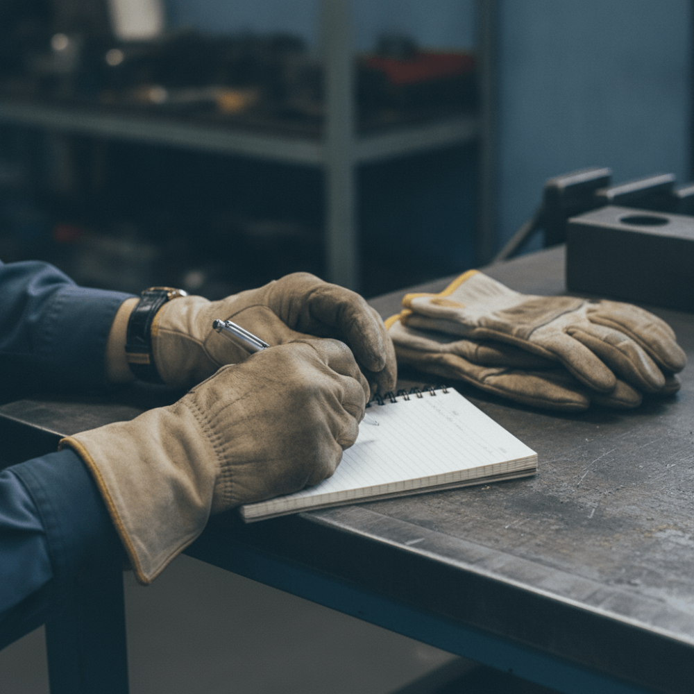 Gros plan sur des mains notant les signes d'usure au travail dans un carnet de suivi en atelier