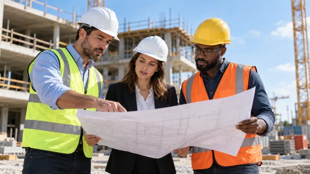 Professionnels du recrutement immobilier et BTP réunis autour de plans de construction